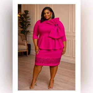 Elegant Pink Peplum Dress with Bow Detail